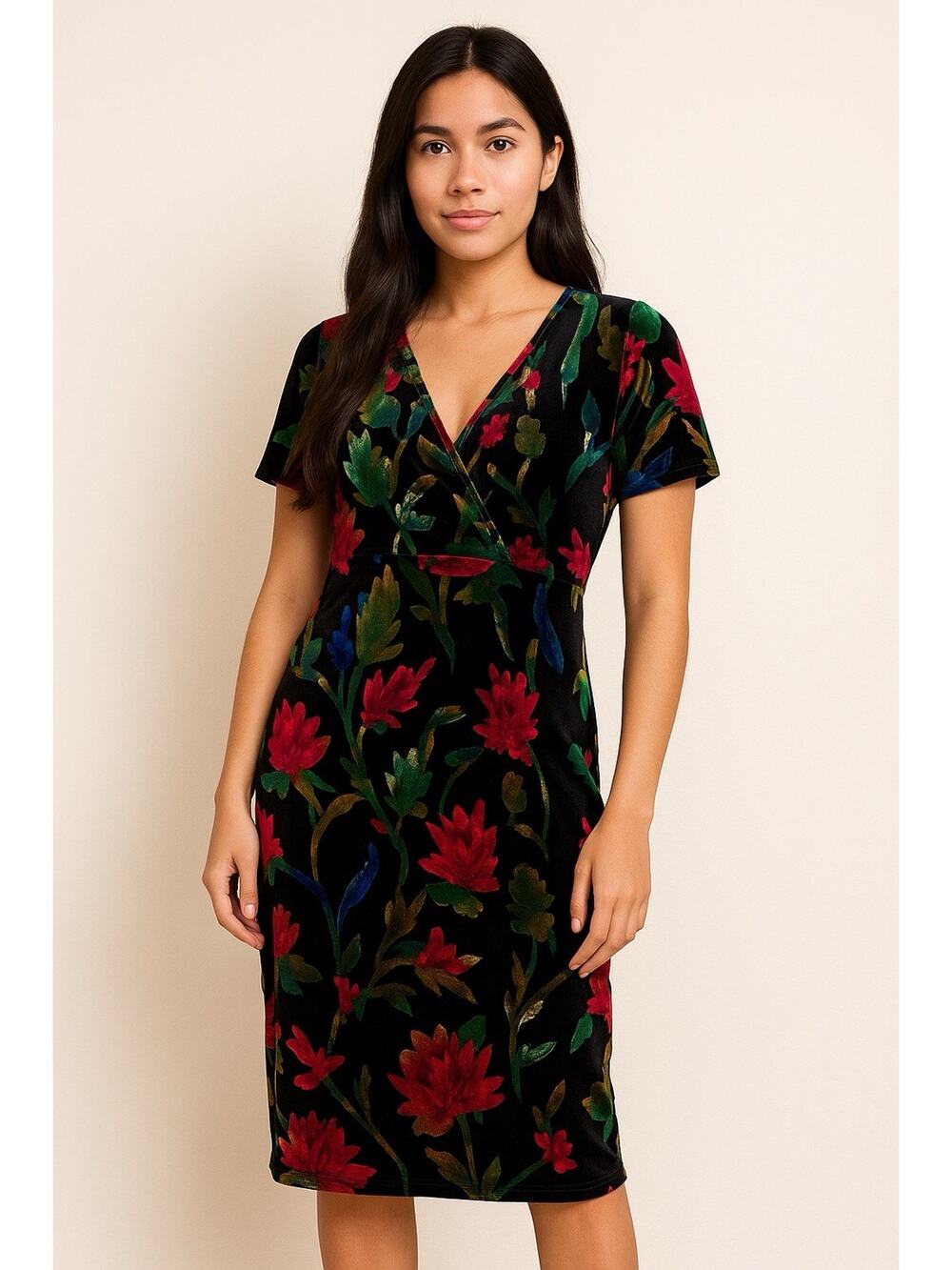 ZARA Trafaluc Velvet Floral Midi Dress Black Multicolor Short Sleeve Wrap M